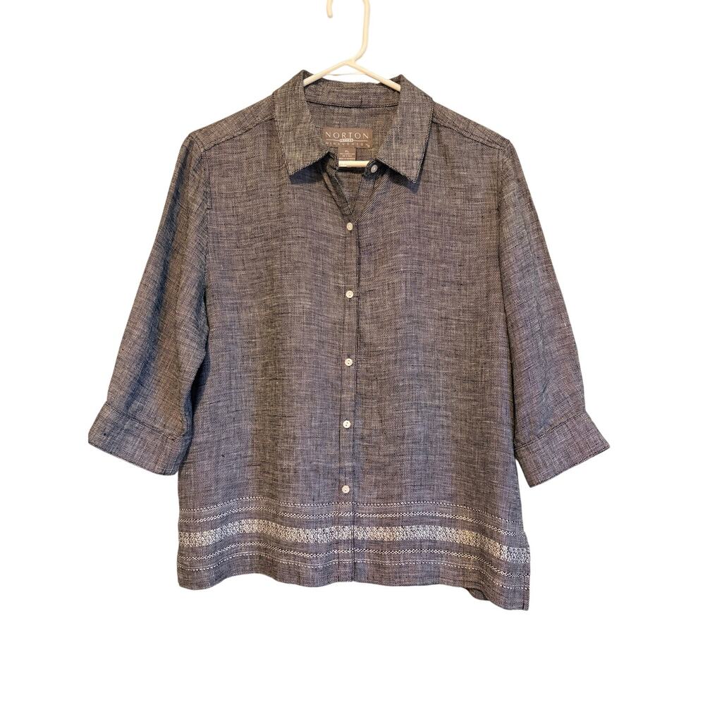 VTG Norton McNaughton 100% Linen Button Up Shirt 3/4 Sleeve Charcoal LP Coastal